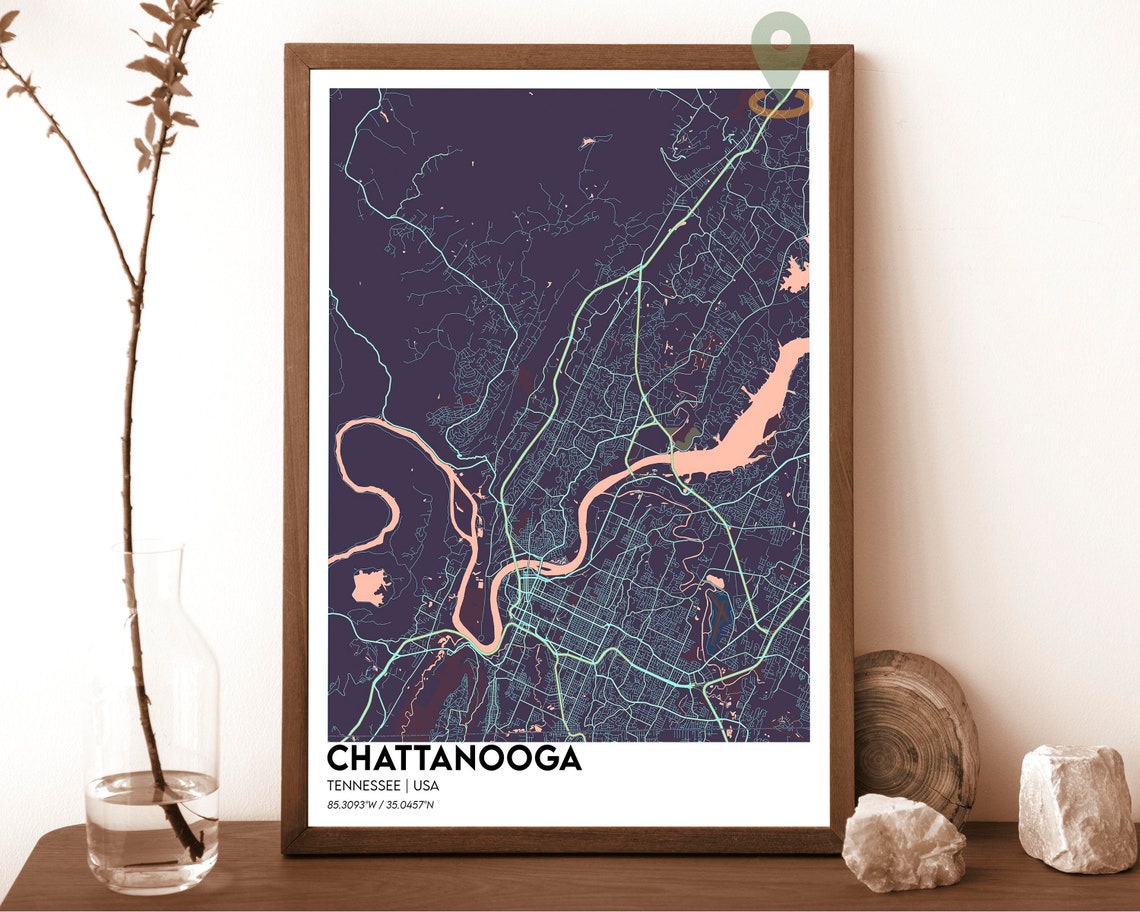 Chattanooga Tennessee Tennessee River Cyan Night City Map Art Print - Image 3
