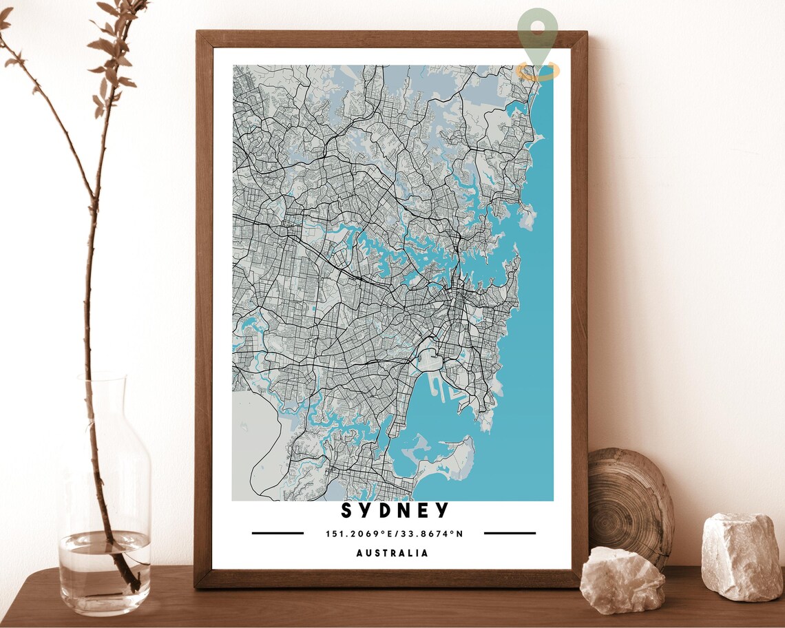 Sydney Australia City Map Art Poster Teal Yellow Modern Decor - Image 4