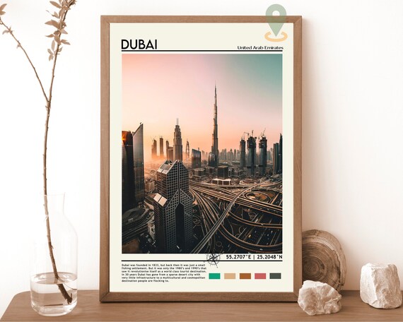Dubai United Arab Emirates Burj Khalifa Sunset Skyline Travel Poster