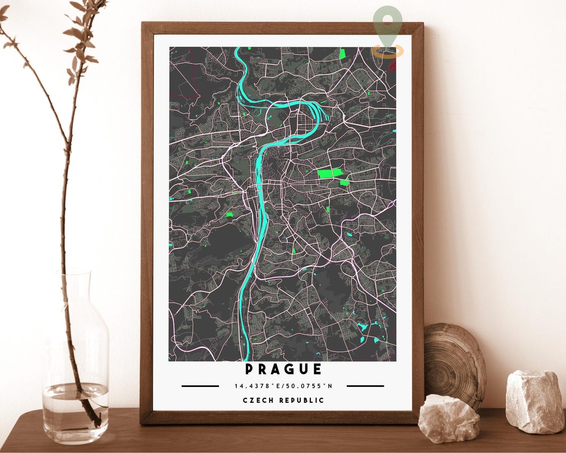 Prague Czech Republic Teal Orange River Street Map Bold Wall Art - Image 5
