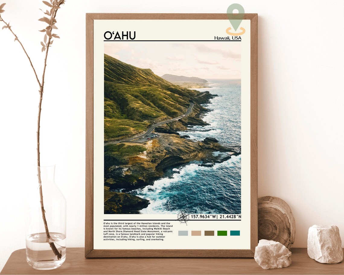 Oahu Hawaii Ocean Cliff Aerial Photography Art Travel Poster
