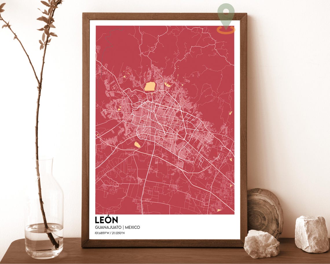 Leon Guanajuato Mexico Deep Red Bold City Map Framed Decor Poster