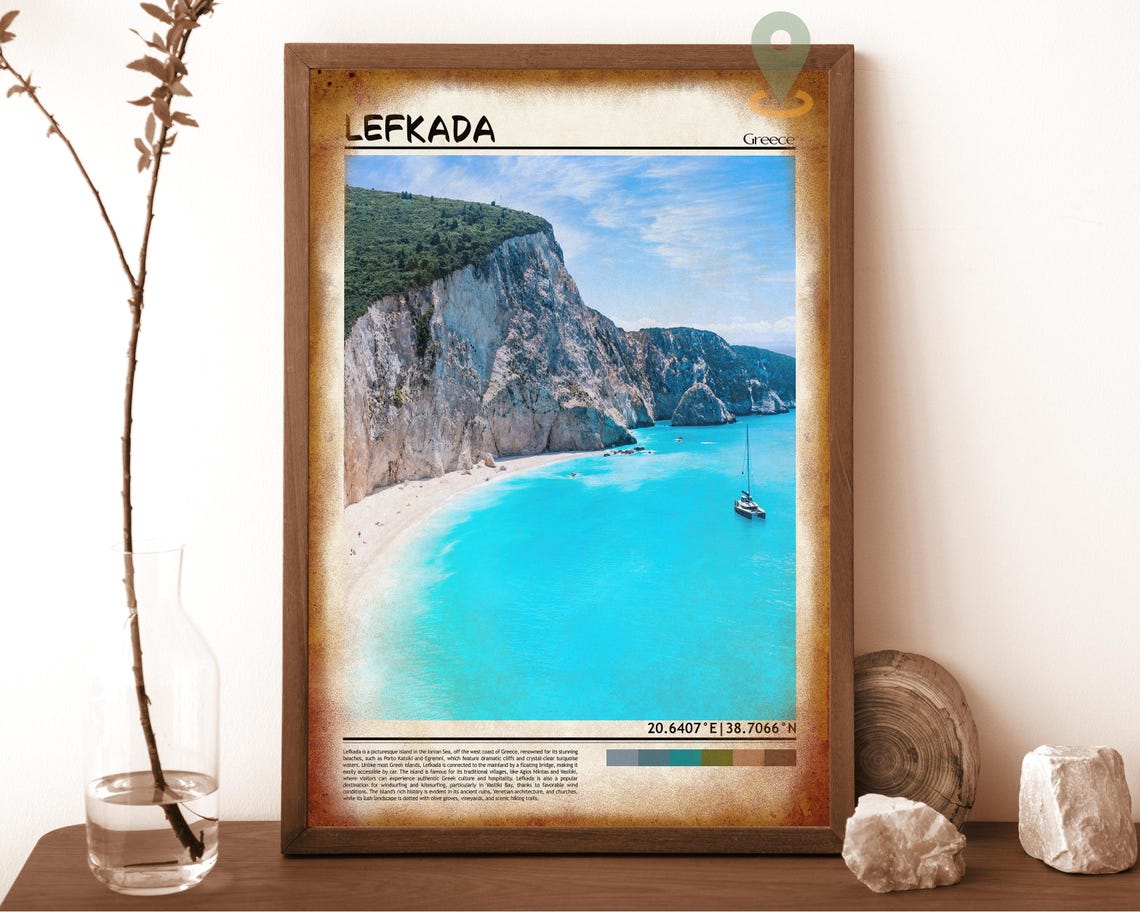 Lefkada Greece Turquoise Cliff Beach Lone Sailboat Seascape Poster - Image 6