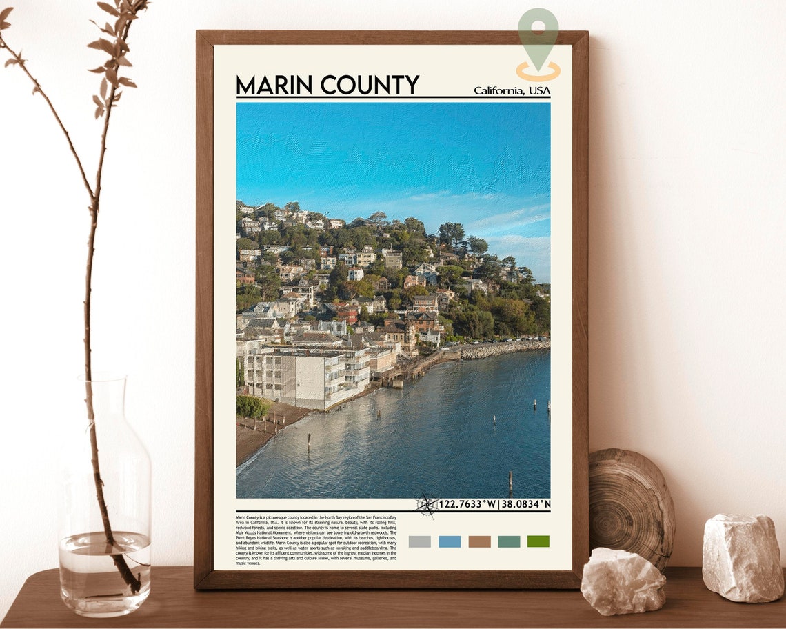 Marin County California Bay Hillside Town Waterfront View Poster