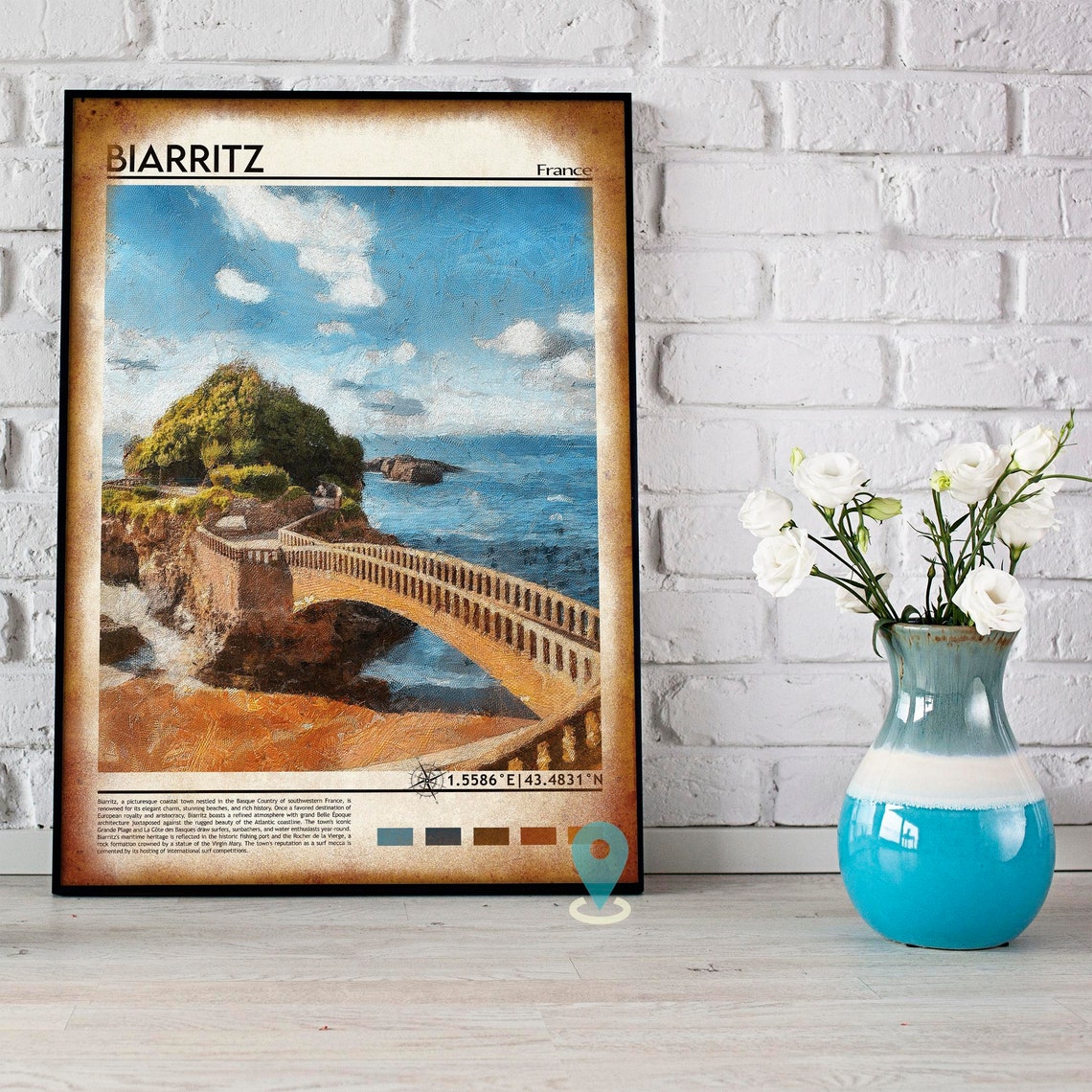 Biarritz France Rocky Coast Bridge Seascape Painterly Art Poster - Image 4