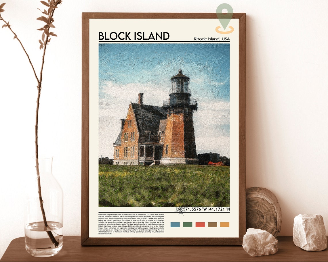 Block Island Lighthouse Rhode Island Vintage Coastal Poster Art