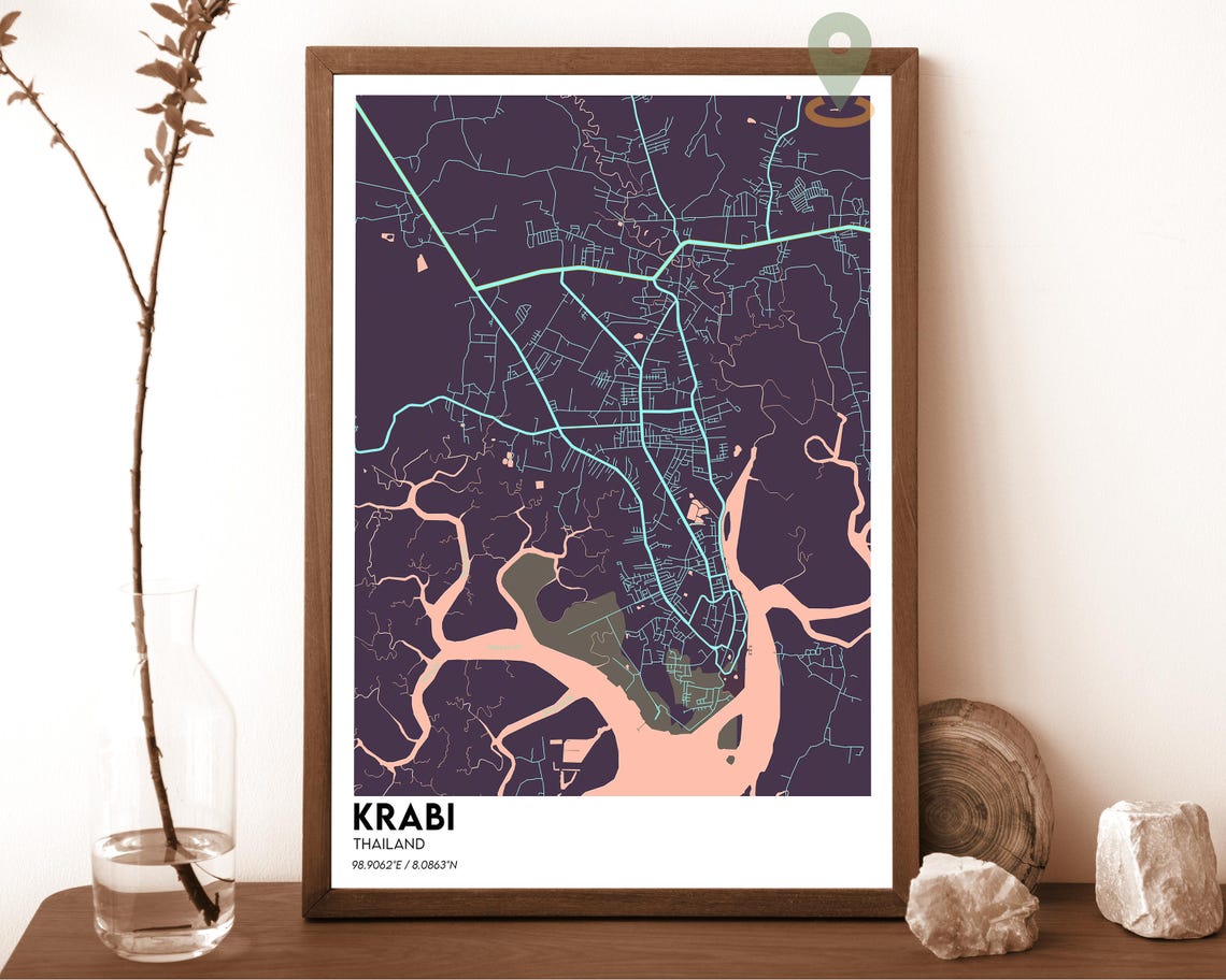 Krabi Thailand Plum Coastal Modern Minimalist City Map Wall Art