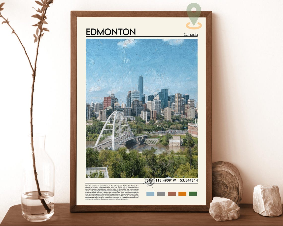Edmonton Canada Painted Skyline Bridge Vintage Travel Poster