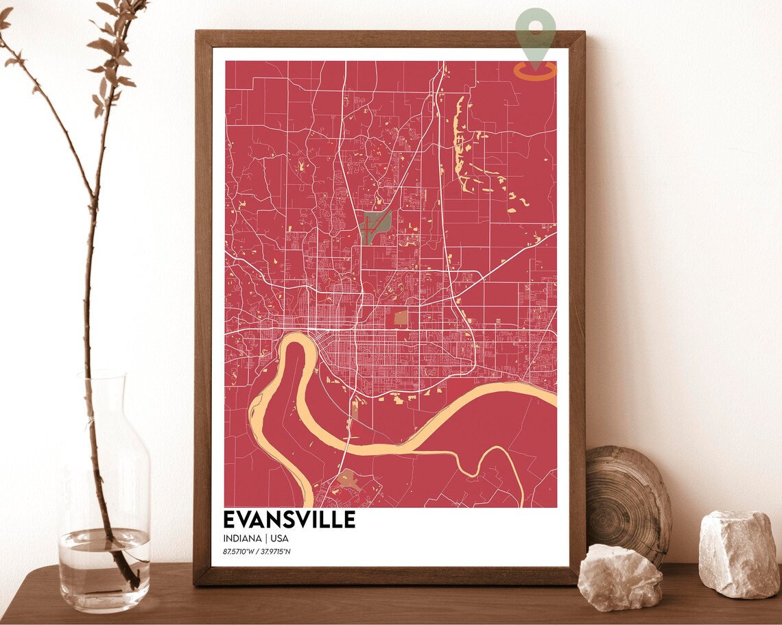 Evansville Indiana Dark Street Map Orange River City Art Poster - Image 3