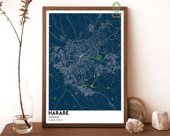 Harare Zimbabwe City Street Map Navy and Gold Modern Art Poster