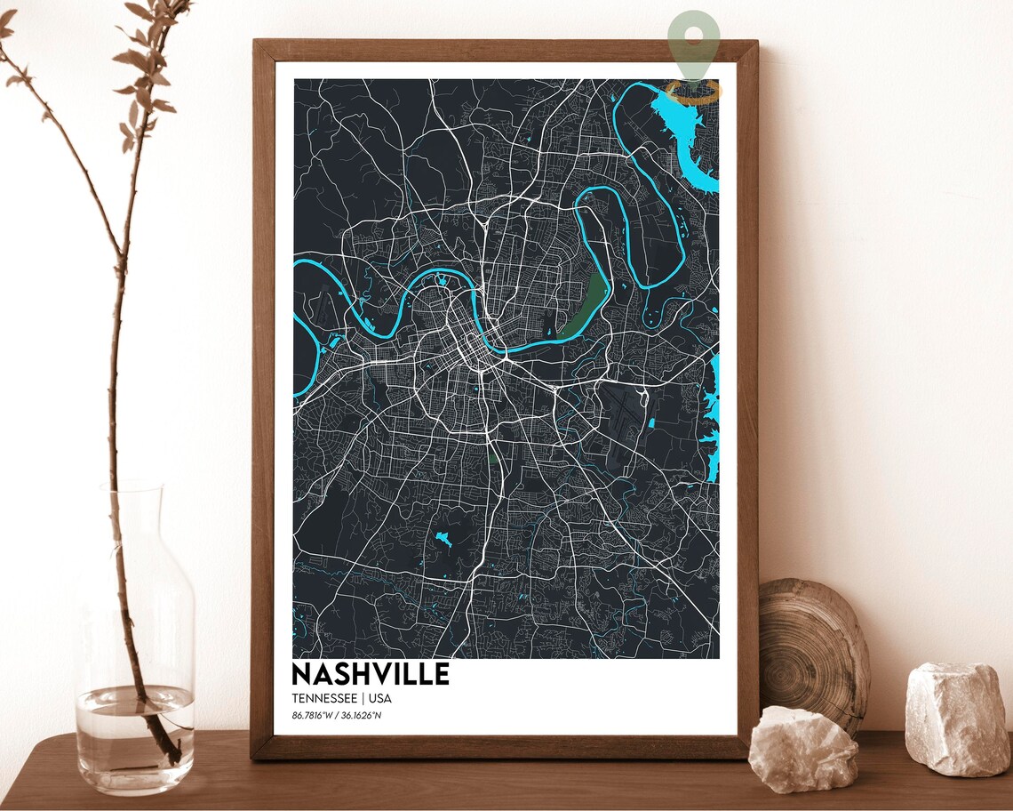 Nashville Tennessee USA Teal Riverbend City Street Map Poster - Image 3