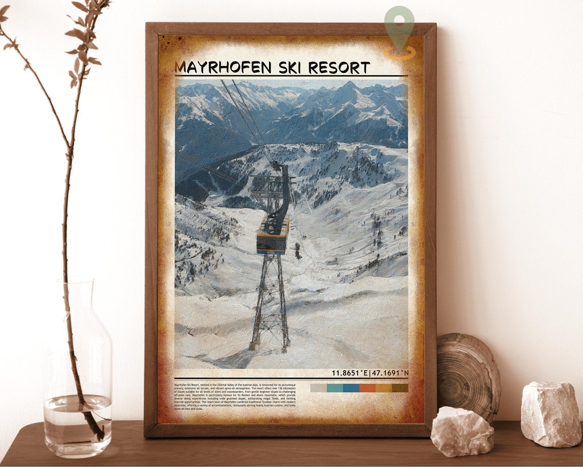 Mayrhofen Ski Resort Cable Car Ride Over Snowy Valley Poster - Image 6
