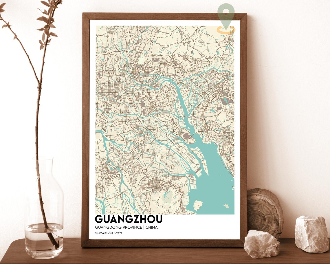 Guangzhou China Dark Cyan River Delta City Map Home Decor Poster - Image 5