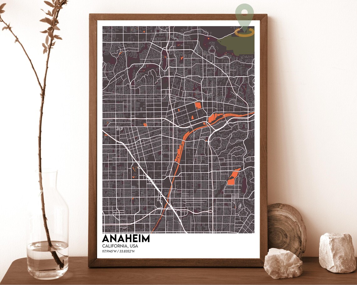 Anaheim California vintage sepia with blue river Street Map Coordinates Poster - Image 3