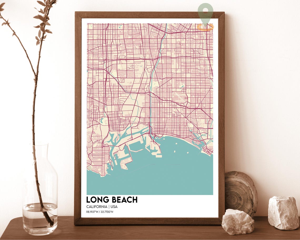 Long Beach California Navy Mustard City Street Map Coastal Art Poster - Image 6