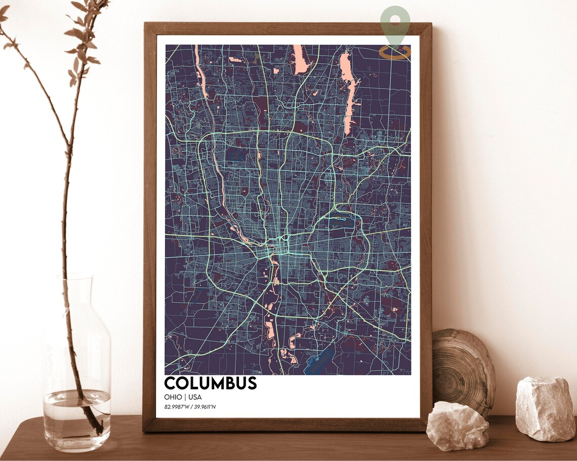 Columbus Ohio Navy Yellow Modern City Map Street Grid Art Poster - Image 3