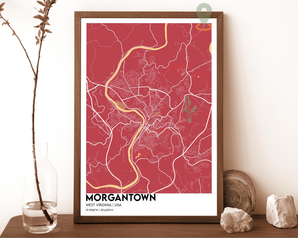 Morgantown West Virginia navy with a yellow river Street Map Coordinates Poster - Image 3