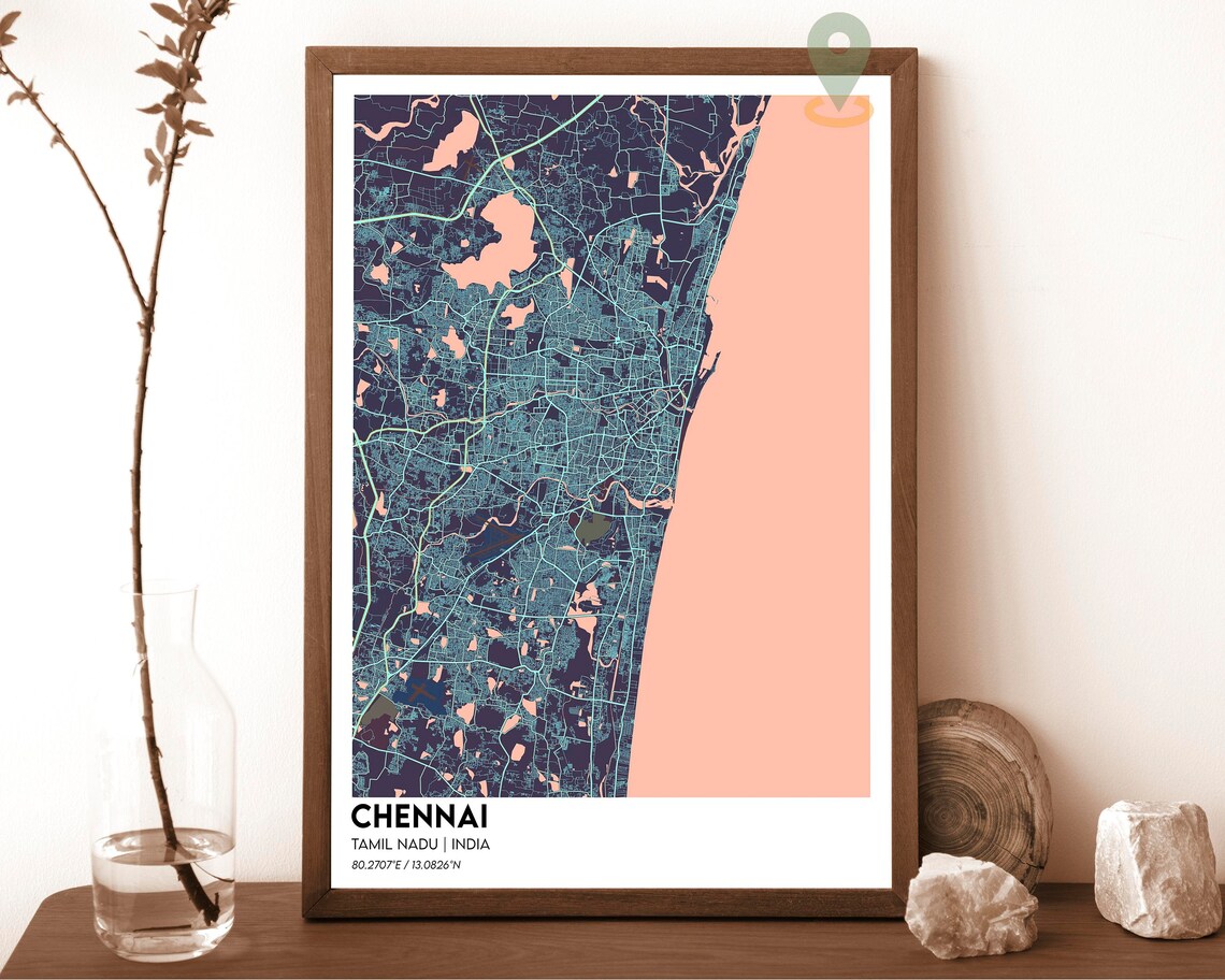Chennai India Coastal Street Map Charcoal Orange Bay of Bengal Art Print - Image 3