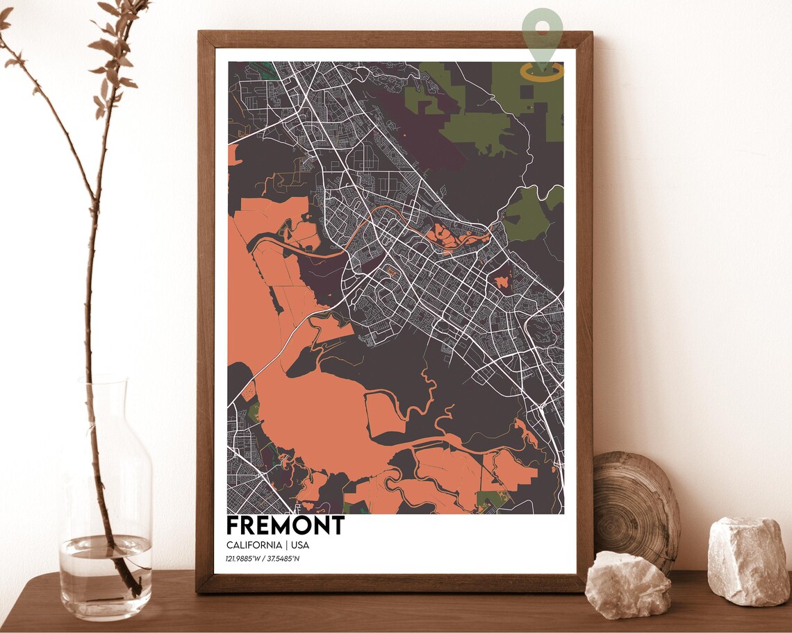 Fremont California Coral Red Modern City Map Home Decor Poster - Image 2