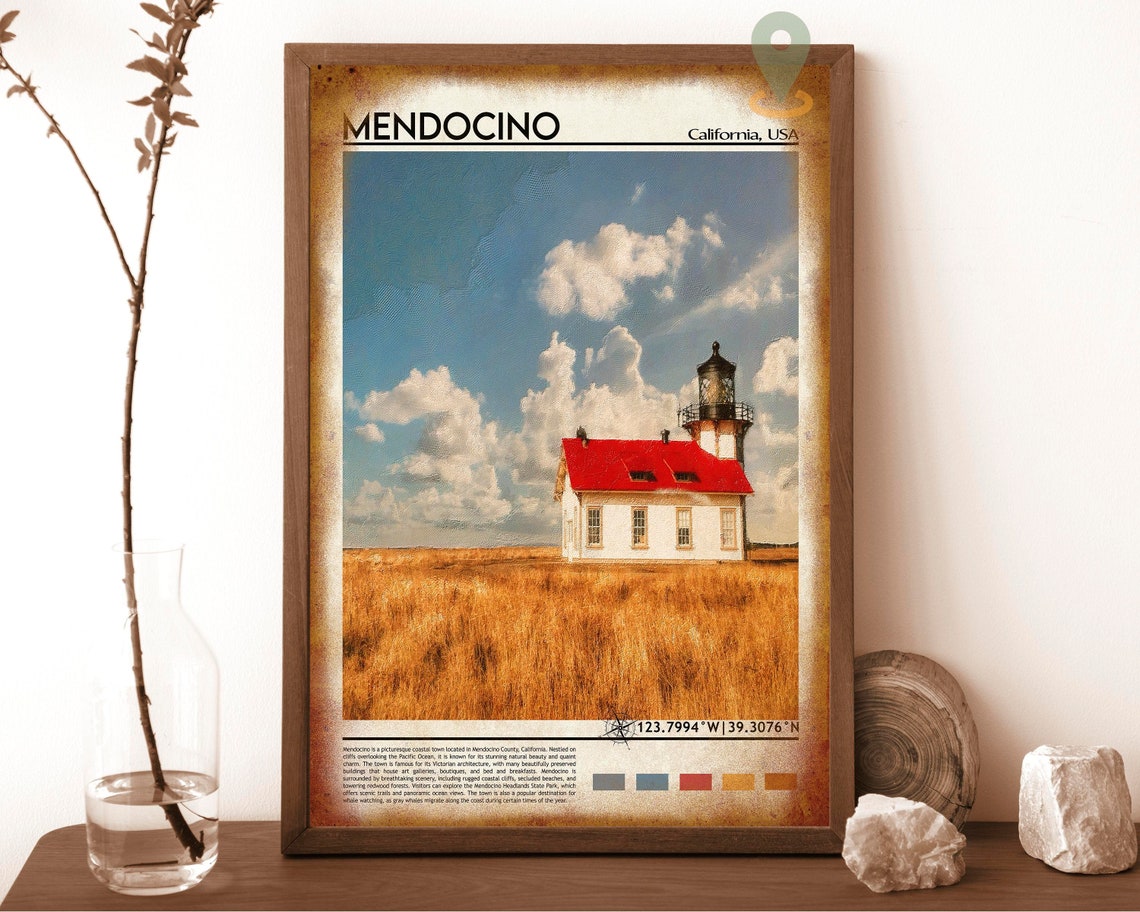 Mendocino California Red Roof Lighthouse Coastal Travel Poster - Image 6