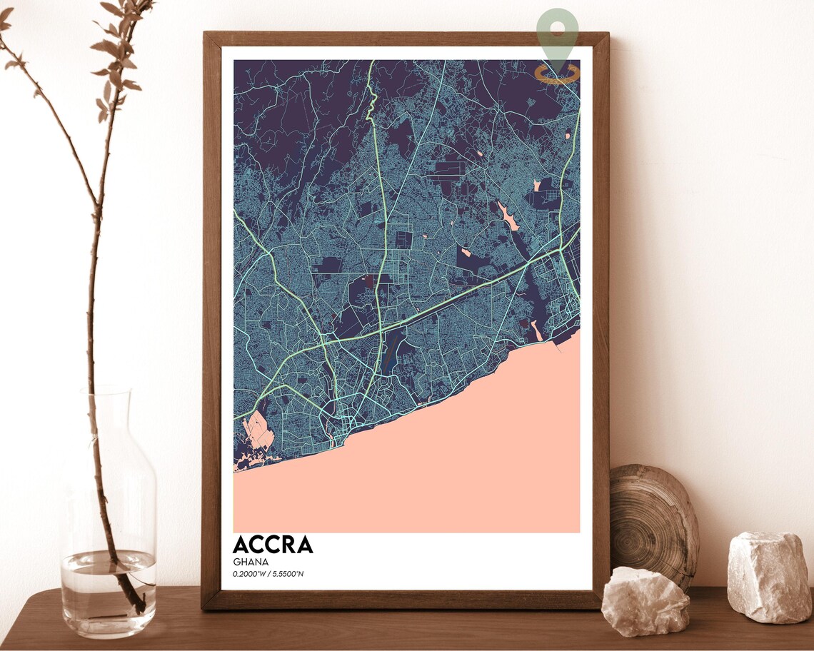 Accra Ghana Vibrant Dark City Map Bright Cyan Coast Art Poster - Image 3