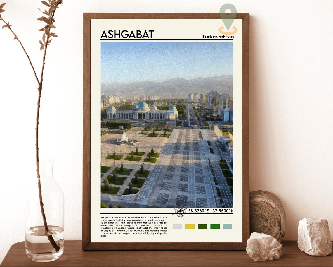 Ashgabat Turkmenistan White Marble City Square Skyline Travel Poster