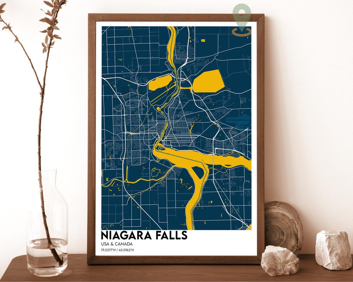 Niagara Falls USA Canada Border River Cream Pink Art Map Poster - Image 6
