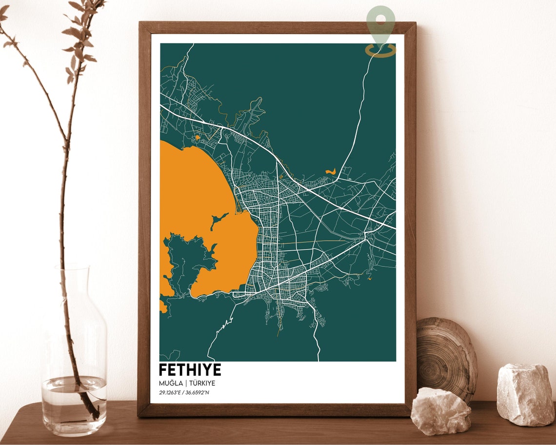 Fethiye Mugla Turkiye Sleek Dark Coast City Map Elegant Street Poster - Image 6