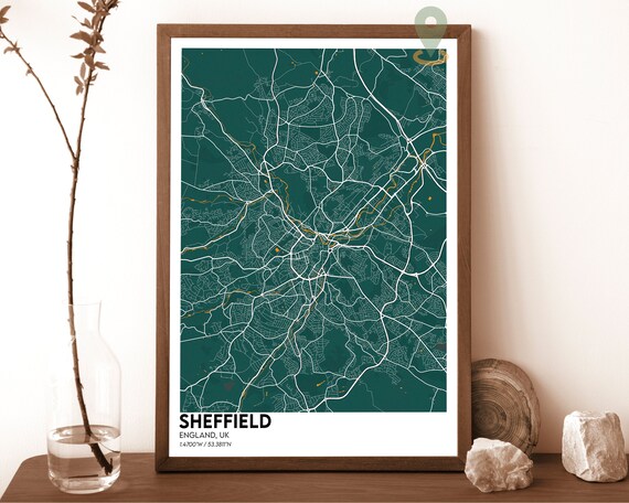 Sheffield England UK Dark Green Minimalist City Map Art Poster