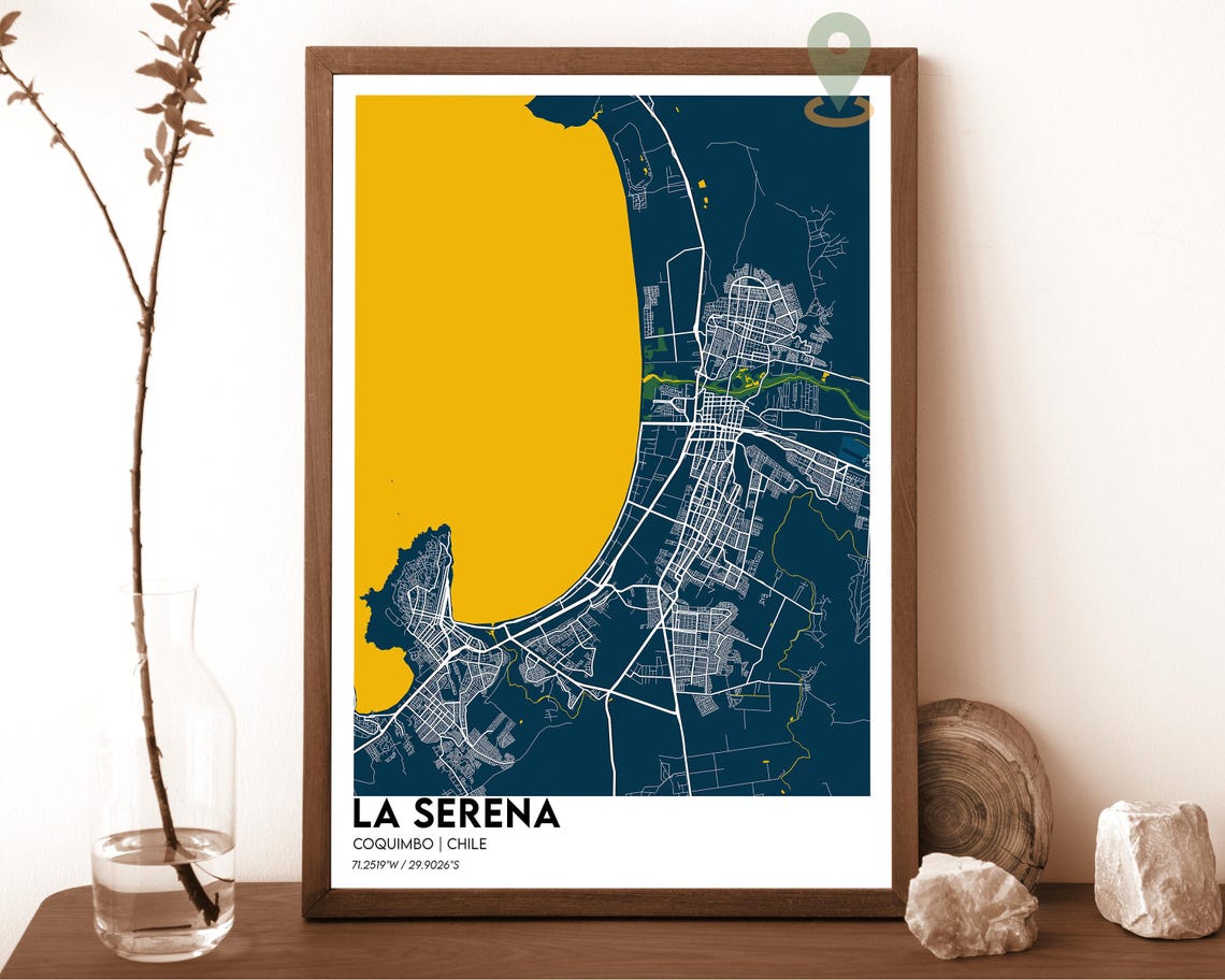 La Serena Chile City Map Minimalist Navy and Mustard Yellow Poster
