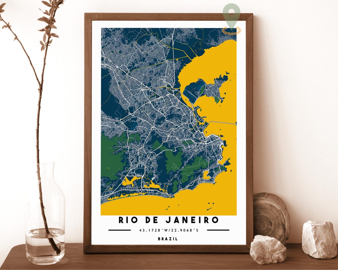 Rio de Janeiro Brazil Navy Gold Coastal Street Map Bold Wall Art