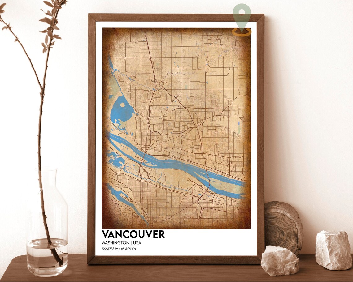 Vancouver Washington USA Vintage Sepia City Street Map Poster