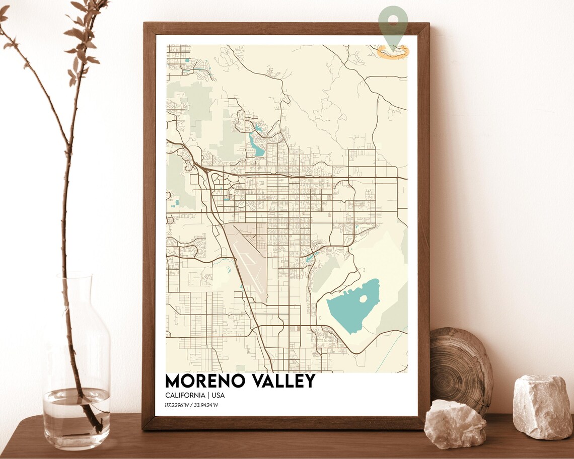 Moreno Valley California cream beige with brown streets Street Map Coordinates Poster
