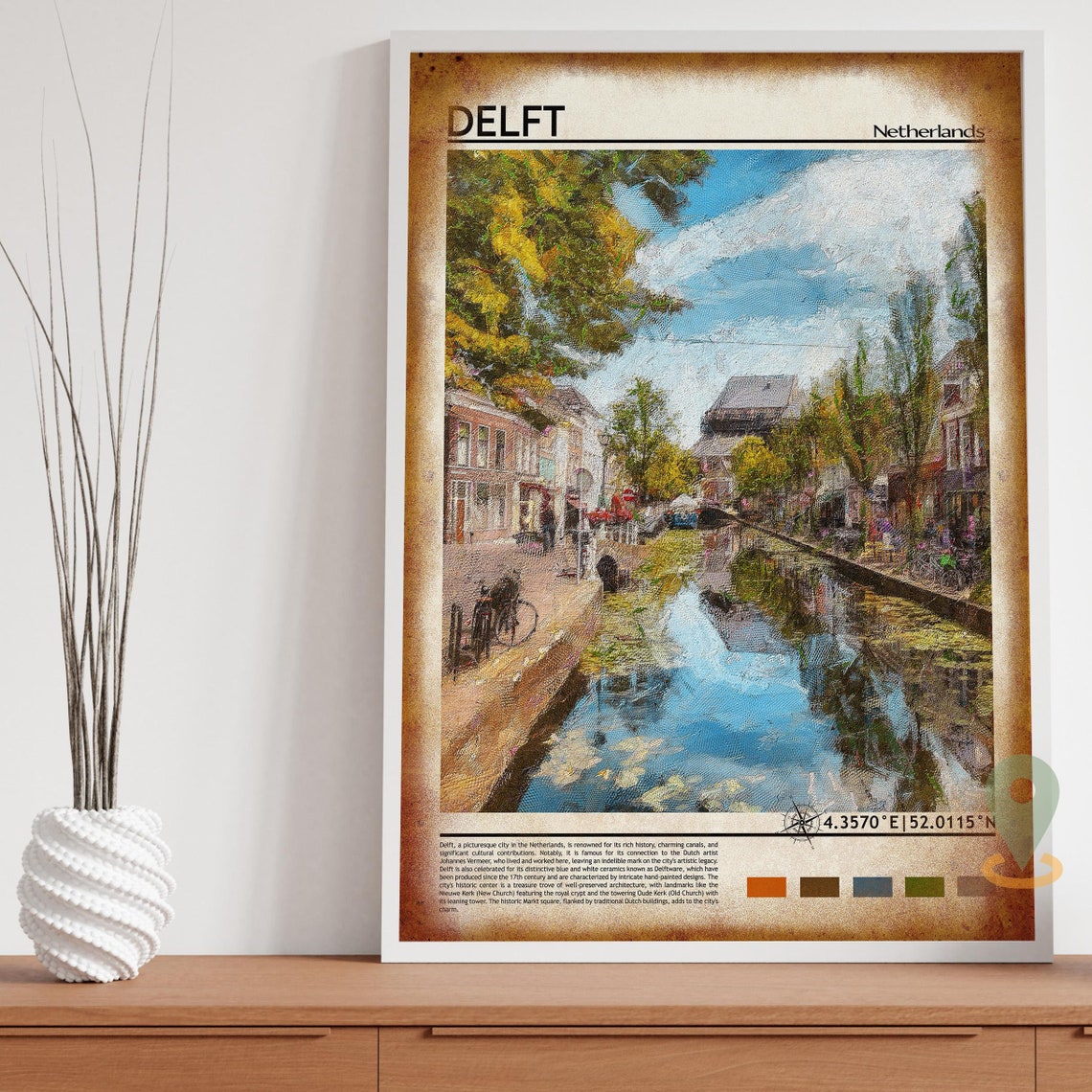 Delft Netherlands Canal Old Town Painted Travel Facts Poster - Image 4