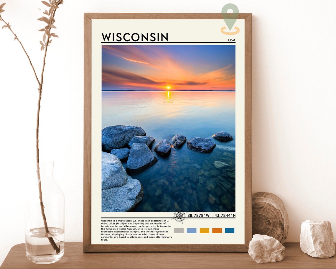 Wisconsin USA Serene Sunset Over Water Rocky Shore Travel Poster