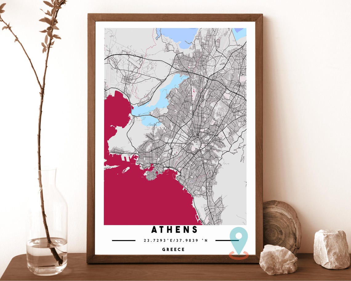 Athens Greece grey with pink water Street Map Coordinates Poster