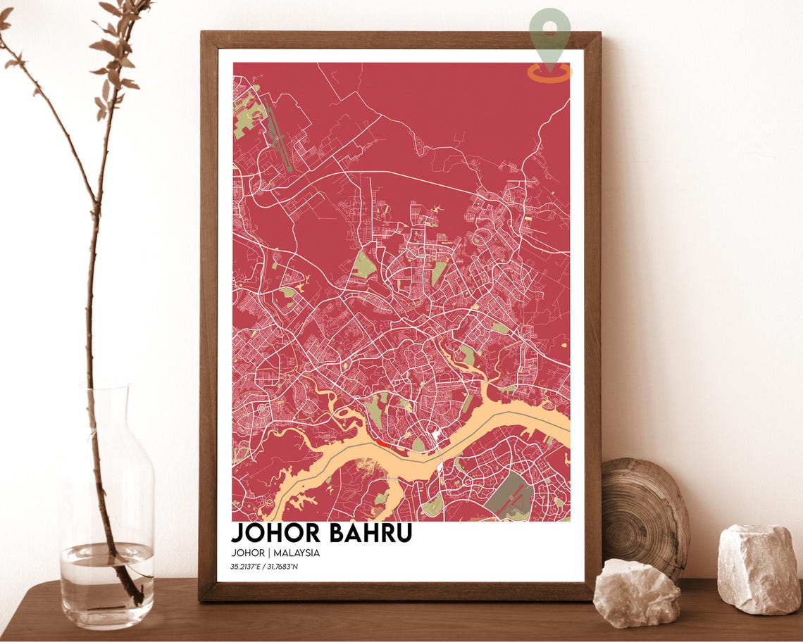 Johor Bahru Malaysia Cream Teal Minimalist City Map Wall Art - Image 4