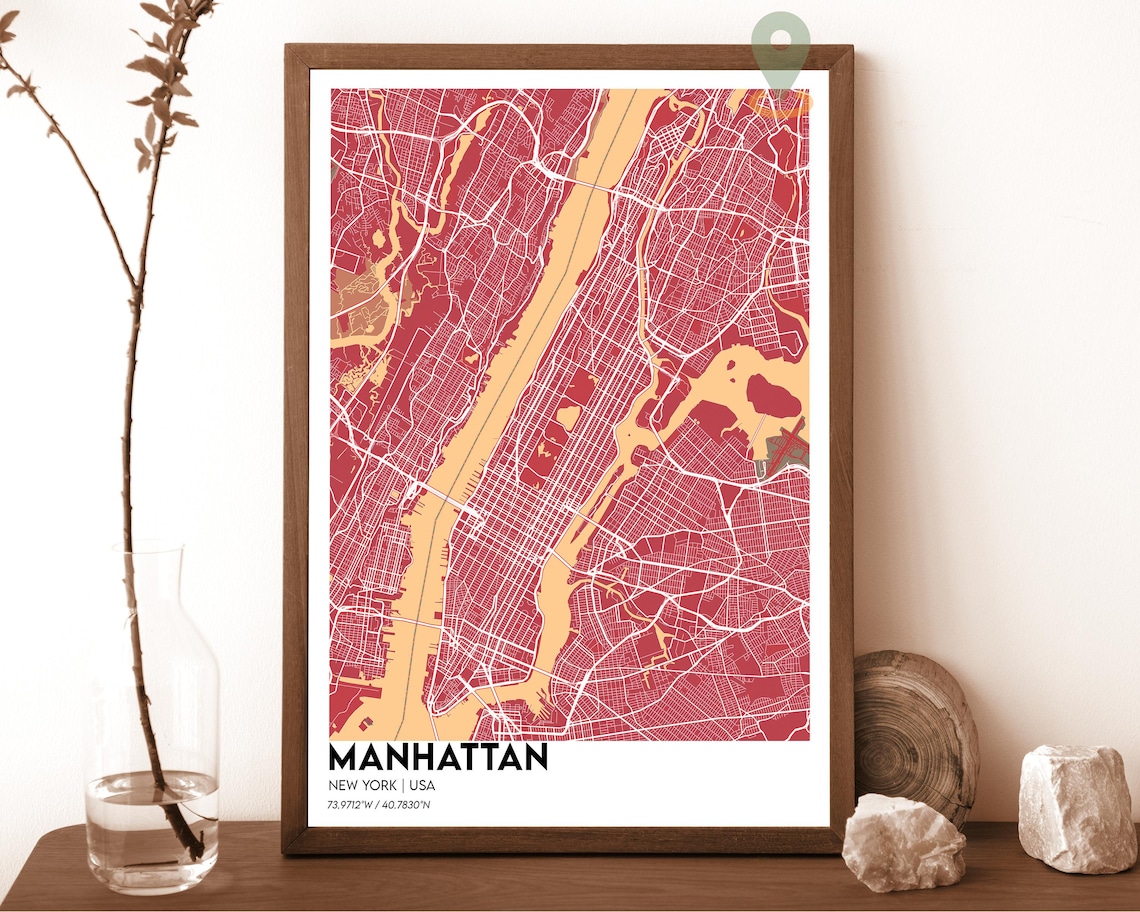 Manhattan New York USA Bold Red City Street Map Art Decor Poster