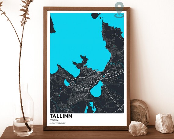 Tallinn Estonia Dark Cyan Modern Gulf City Map Home Decor Poster