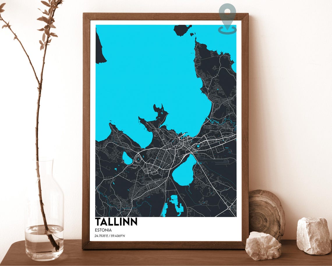 Tallinn Estonia Dark Cyan Modern Gulf City Map Home Decor Poster
