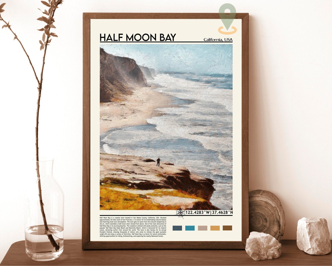Half Moon Bay California Cliffs Surf Coastline View Travel Poster