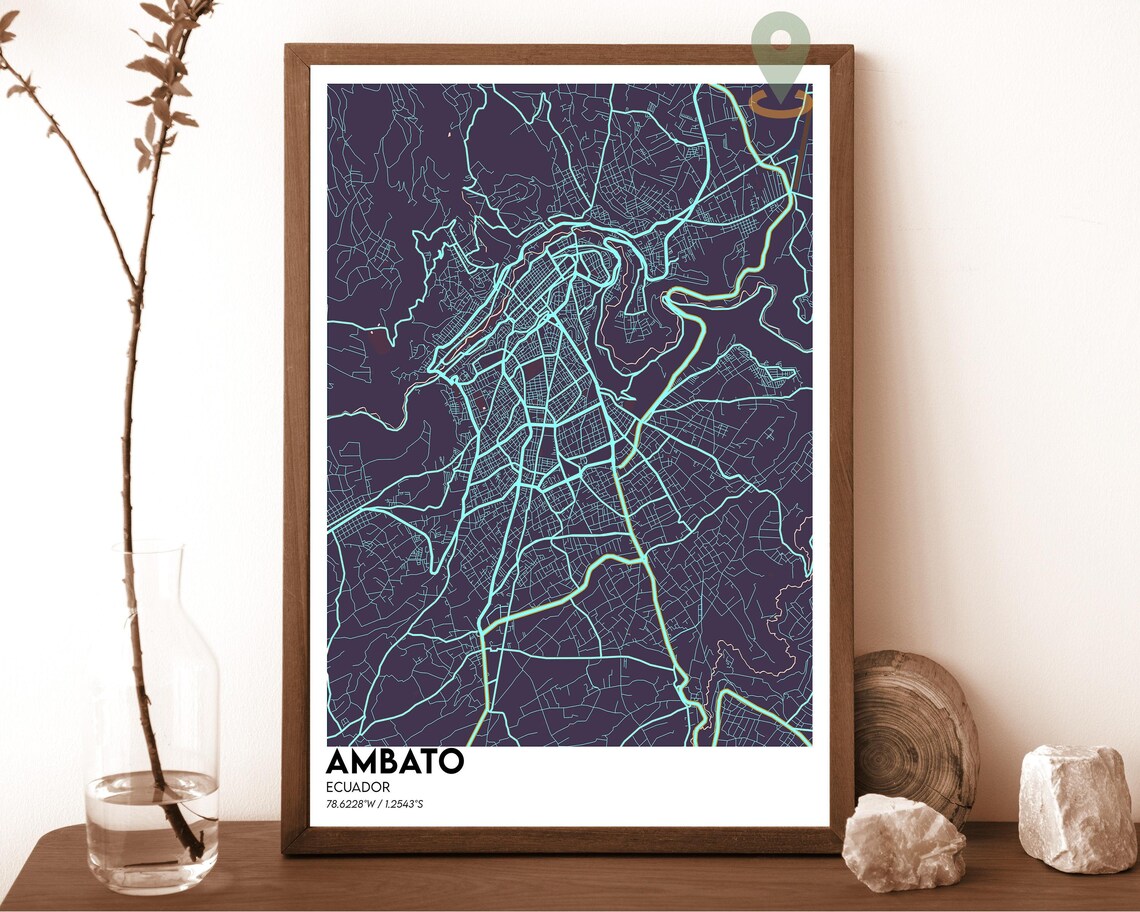 Ambato Ecuador charcoal black with white streets Street Map Coordinates Poster - Image 3