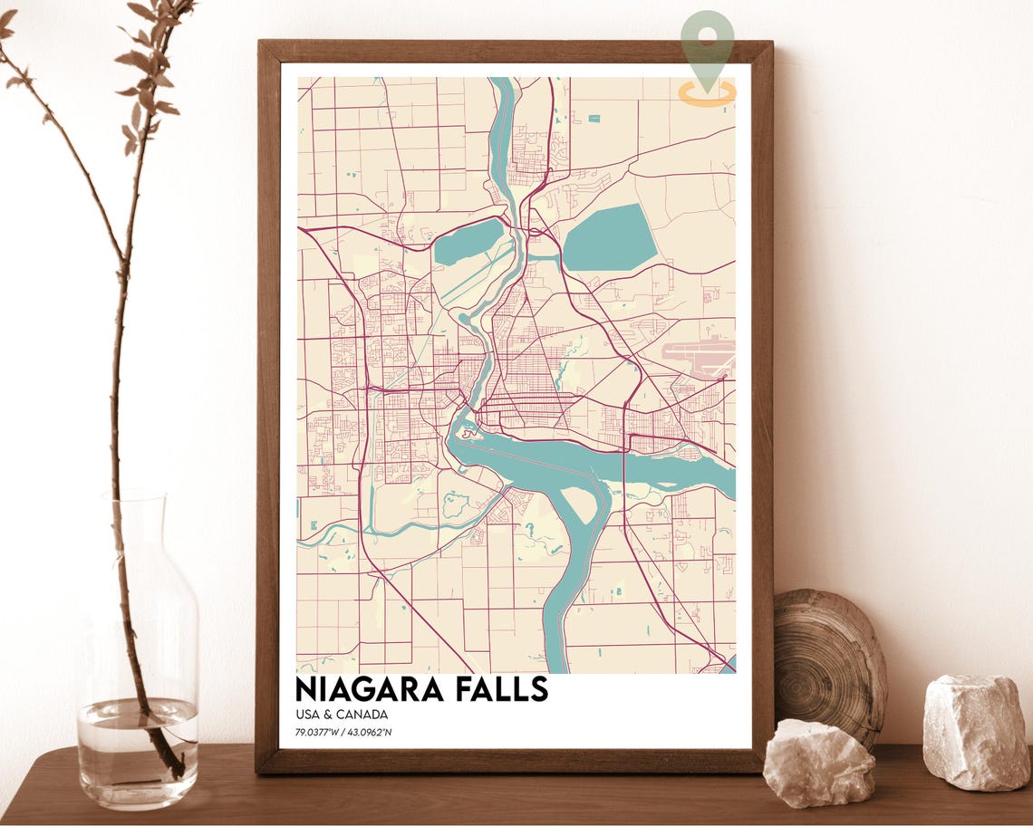 Niagara Falls USA Canada Border River Cream Pink Art Map Poster