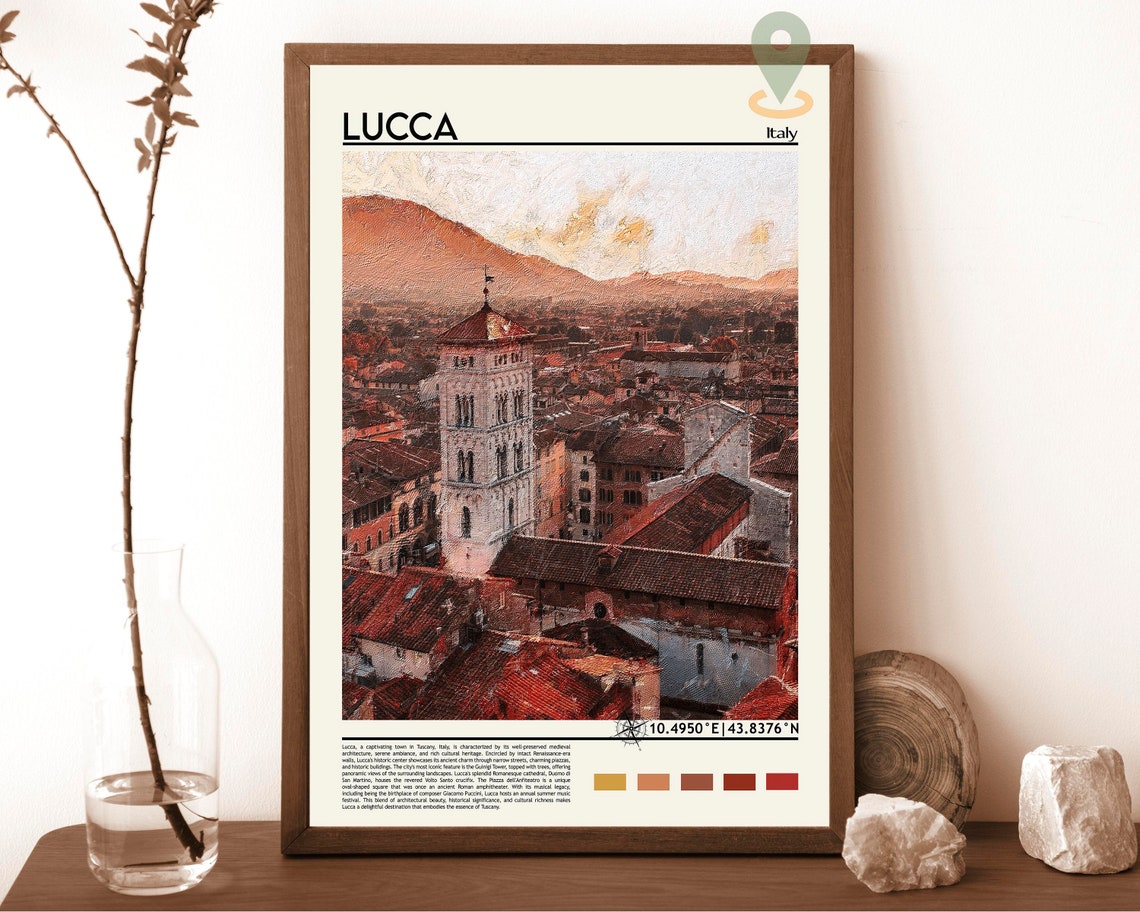 Lucca Italy Medieval Tower Red Rooftops Tuscan Sunset Travel Poster