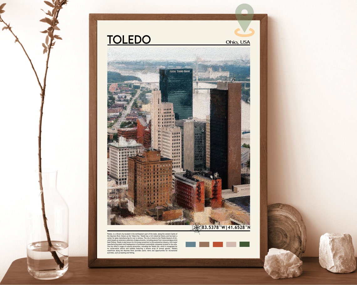 Toledo Ohio Downtown Skyline River View Painterly Art Poster