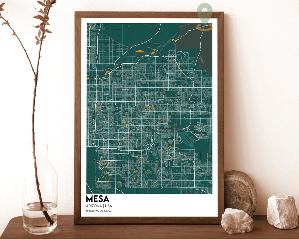 Mesa Arizona Teal Grid Street Map Desert City Modern Art Poster