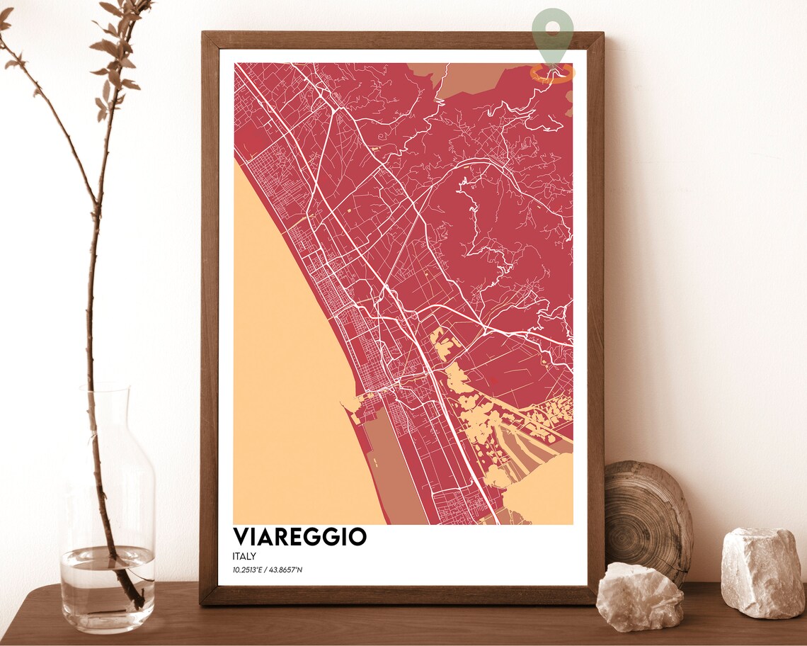 Viareggio Italy Coastal City Map Poster Cream Burgundy Art Style - Image 2