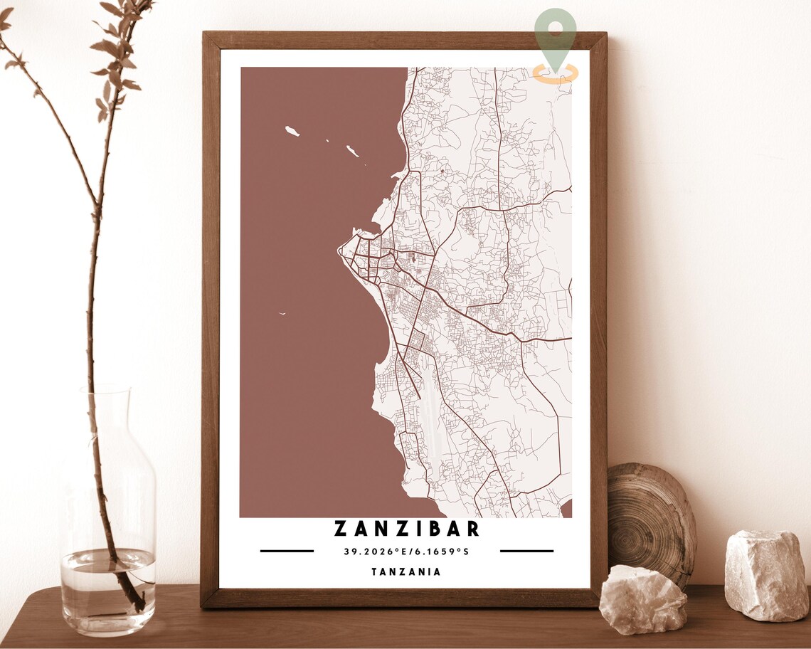 Zanzibar Tanzania Cream Blue Island Street Map Modern Wall Art - Image 3