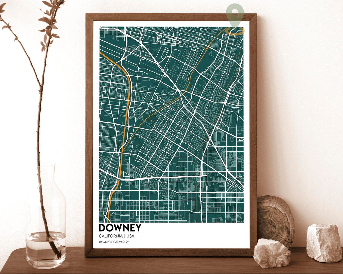 Downey California USA Night Teal Neon City Map Street Grid Poster - Image 5