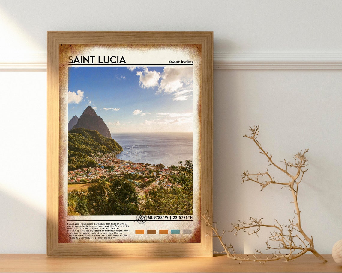 Saint Lucia West Indies Pitons Peaks Town View Travel Poster - Image 5